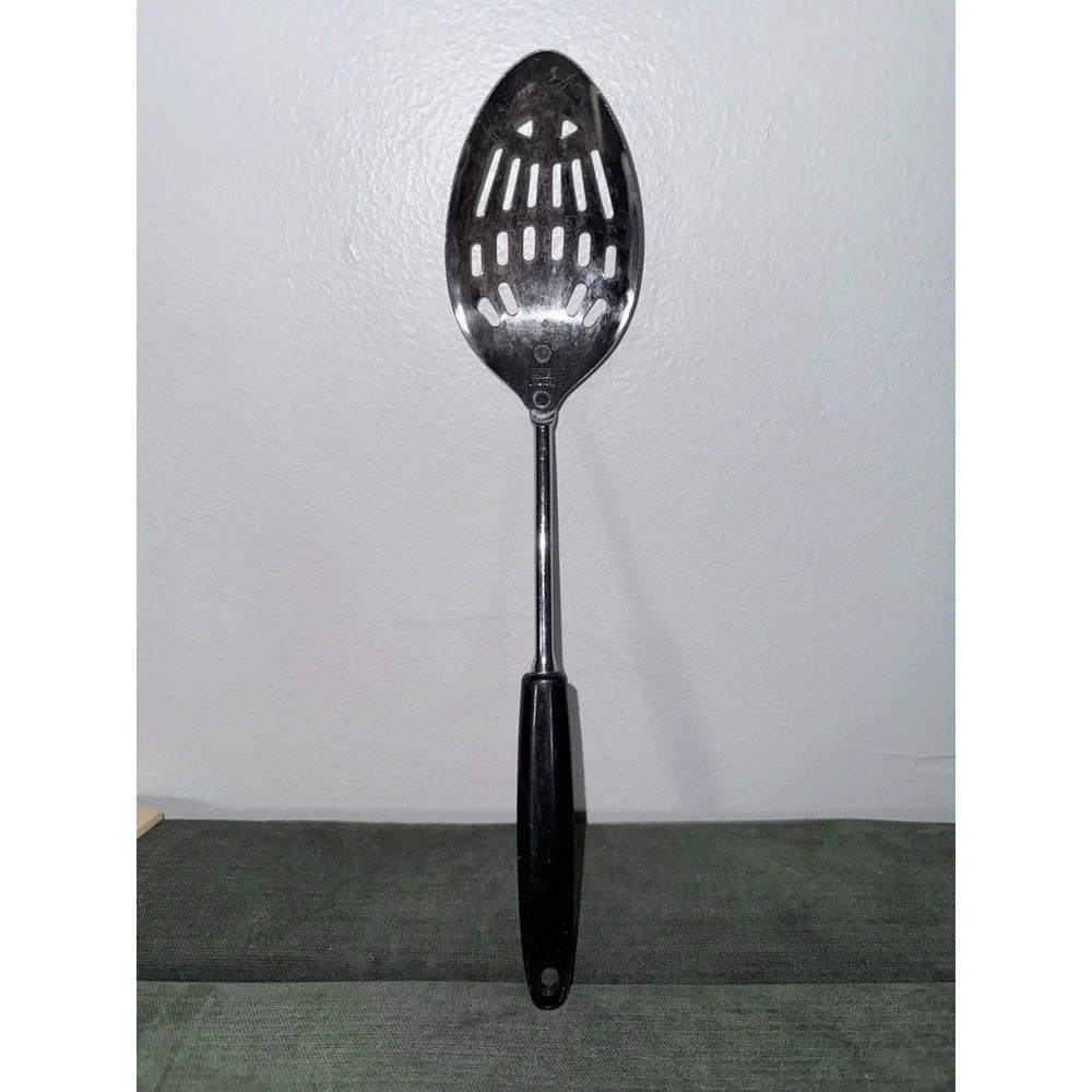 Vintage Ekco Slotted Serving Spoon Chrome Plated Black Plastic Handle